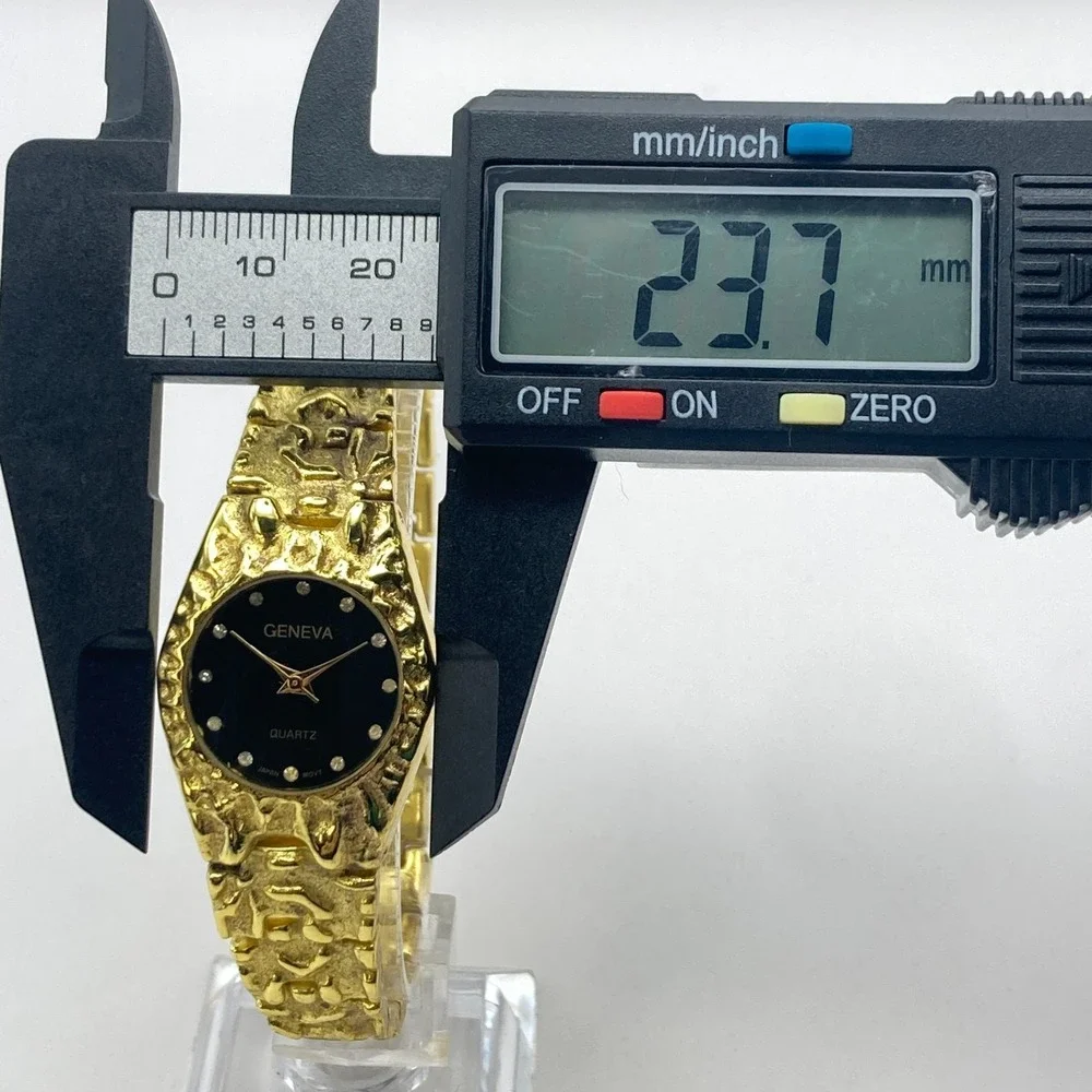 Geneva Womens Watch 24mm Gold Tone Nugget Style Band Black Dial New Battery 7.25